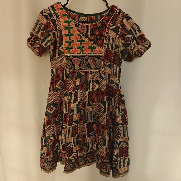 Vintage SMALL Boho Ethnic Embroidered Tunic Dress Geometric Tribal Patchwork - Picture 1 of 13